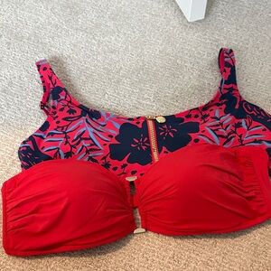 Lilly Pulitzer Bright Red Bandeau Bikini Top and 2nd top withFloral Trim size 14